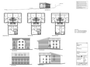New build development of nine affordable flats for housing association. Proposed plans and elevations - planning drawing