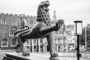 Photo of the Lions sculpture by Alfred Hardiman at City Hall Norwich, an example of Art Deco architecture.
