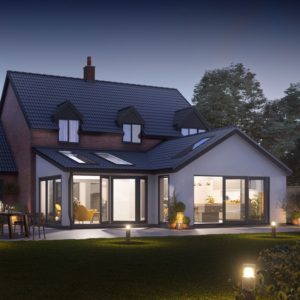 Photo real visualisation of new large rear extension to house in Honingham.