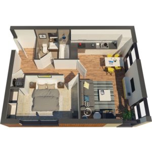 New build flats - 3D floorplan of 1-bedroom flat