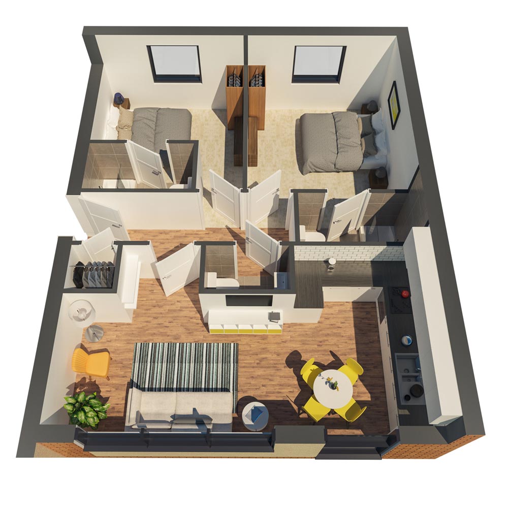 New build flats - 3D floorplan of 2-bedroom flat type A