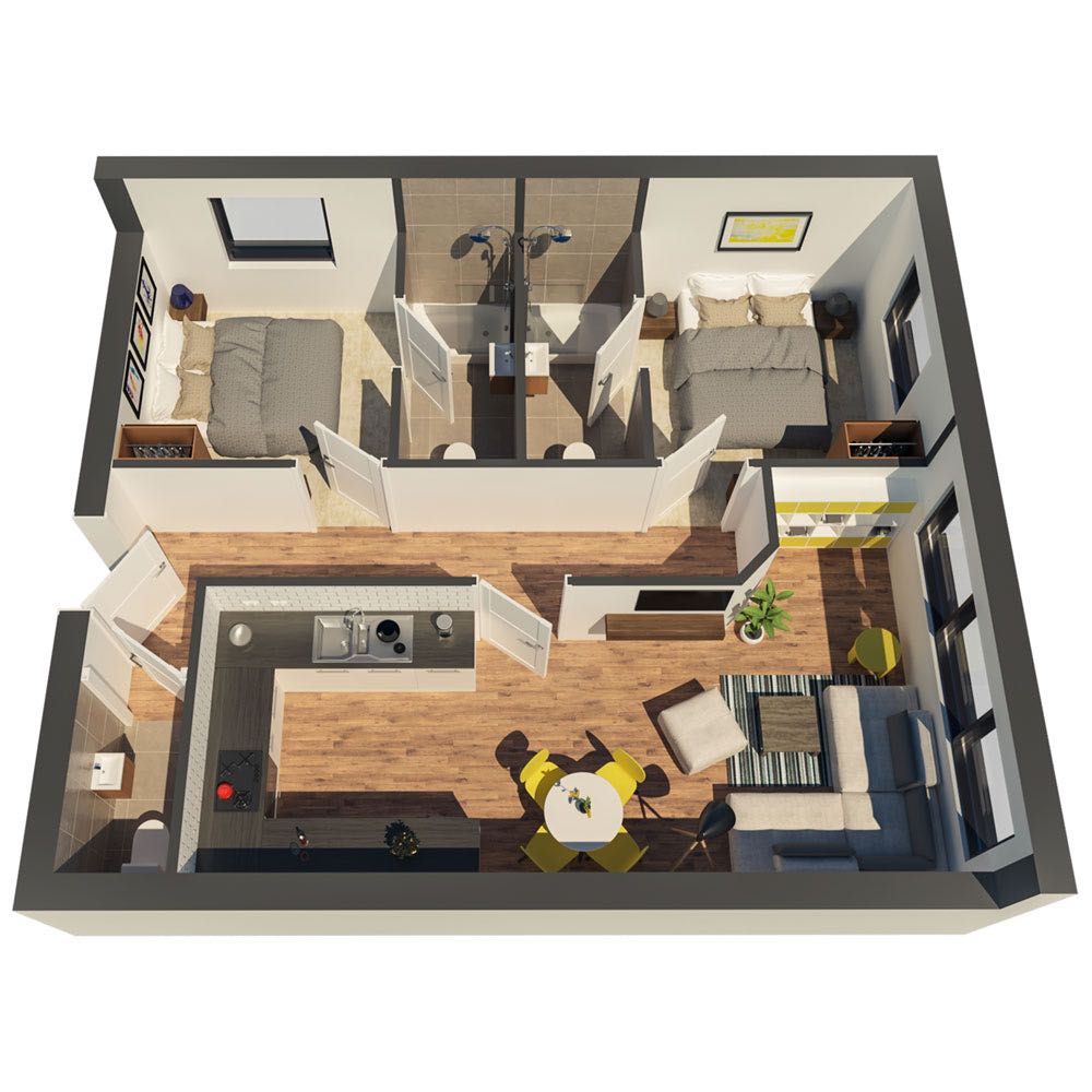 New build flats - 3D floorplan of 2-bedroom flat type B