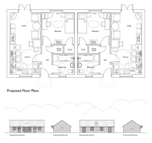 Proposed plans and elevations for 2 housing association bungalows on grage infill site, Long Stratton, Norfolk