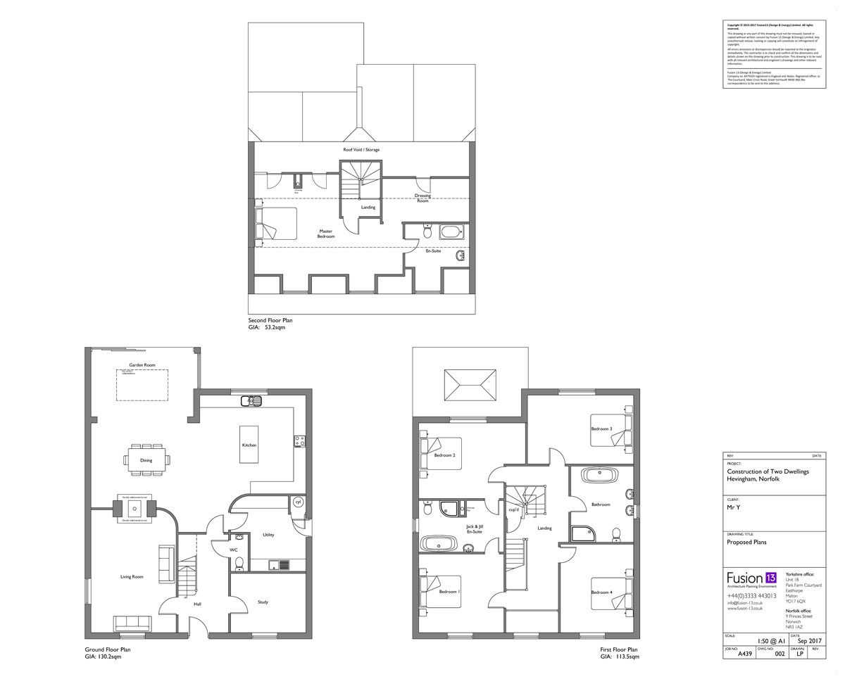 Architectural designs of proposed floor plans of self-build five-bedroom detached house, Norfolk.