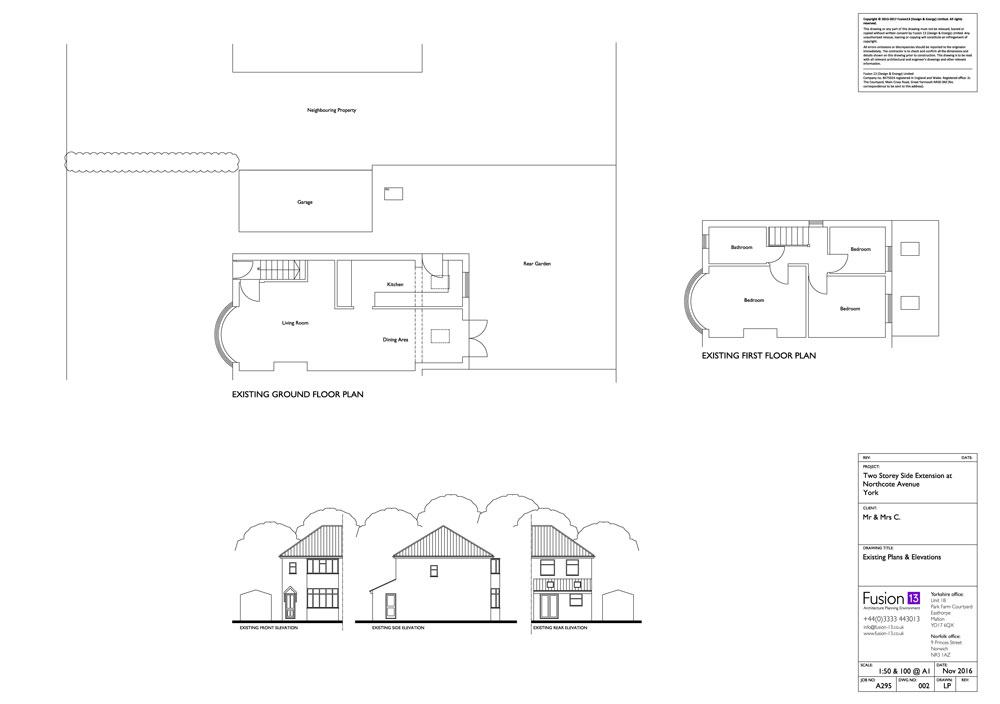 Architectural design: Existing plans & elevations for 2 storey extension, York